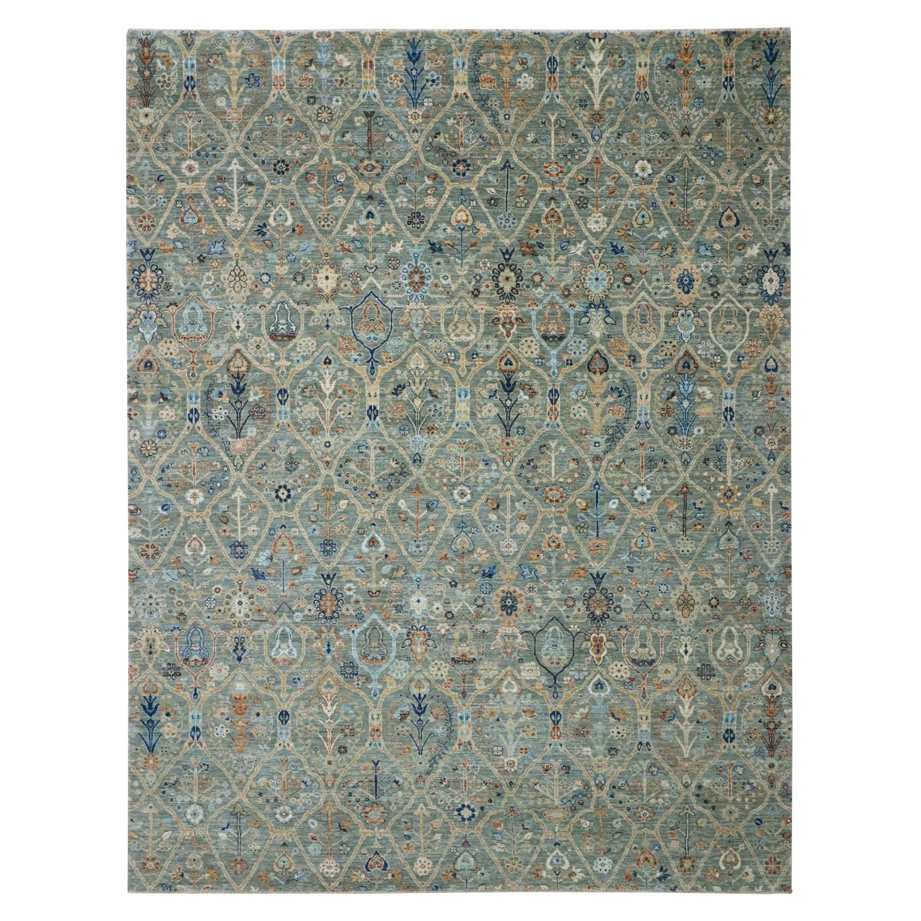 Sage Green, Hand Knotted, Trellis Borderless Garden Design, Agra, Hand Spun New Zealand Wool, Oriental Rug